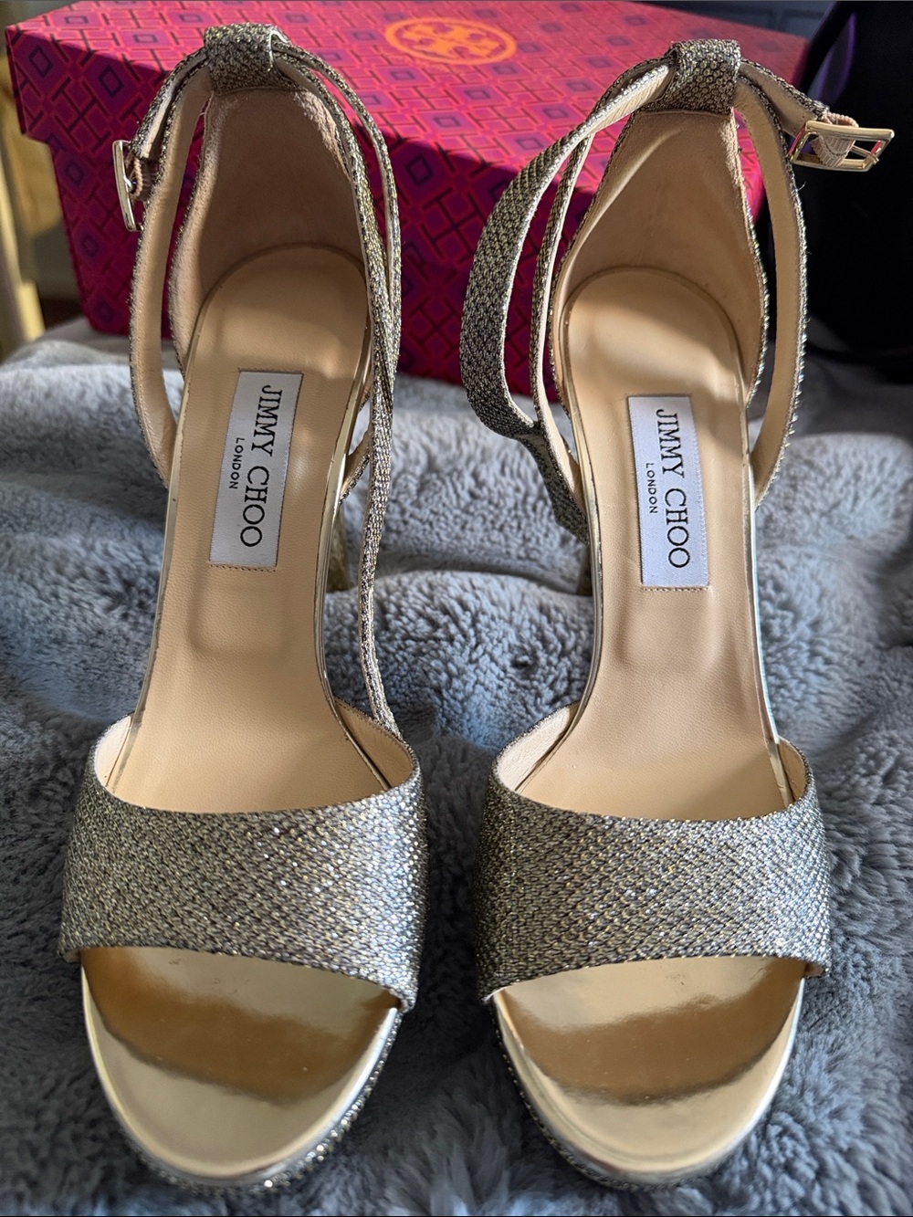 Jimmy Choo Metallic Gold Textured Ankle-Strap Platform Heels